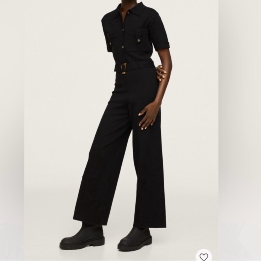 Mango Black Knit Belted Jumpsuit